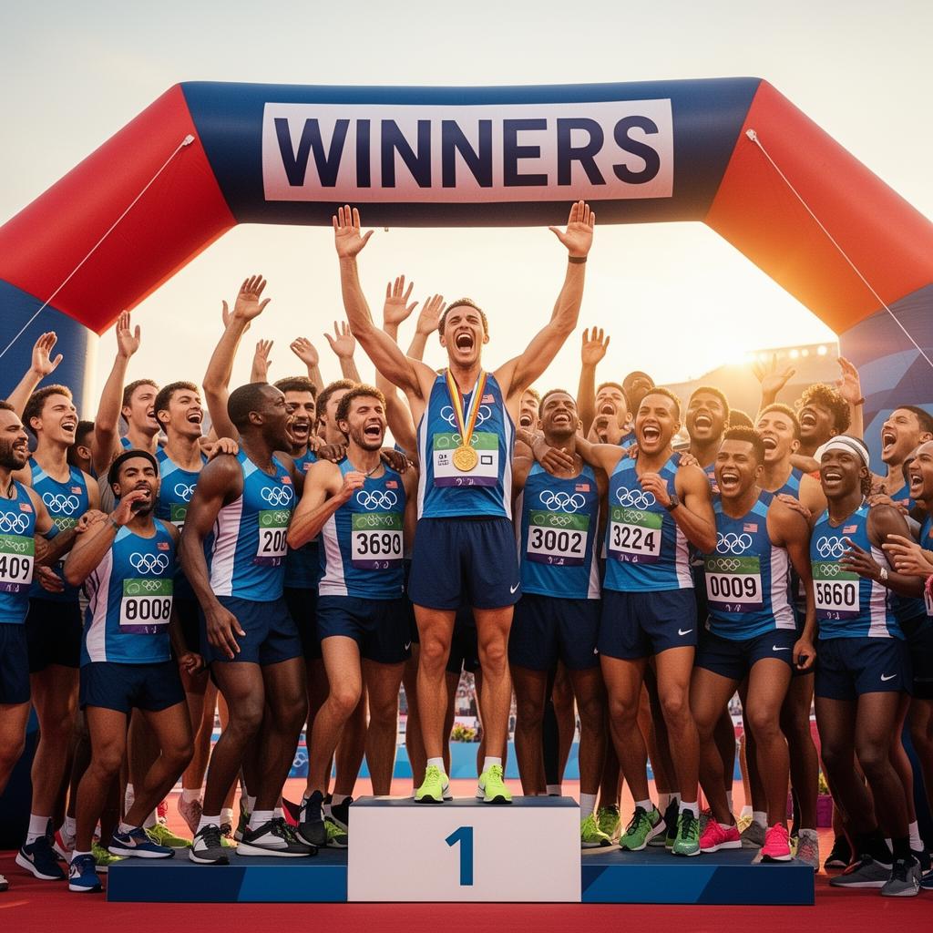 Winners celebrating on the podium with medals